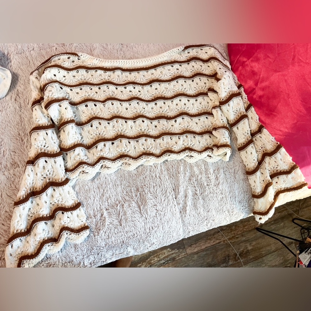 Women's Cream and Brown Striped Sweater